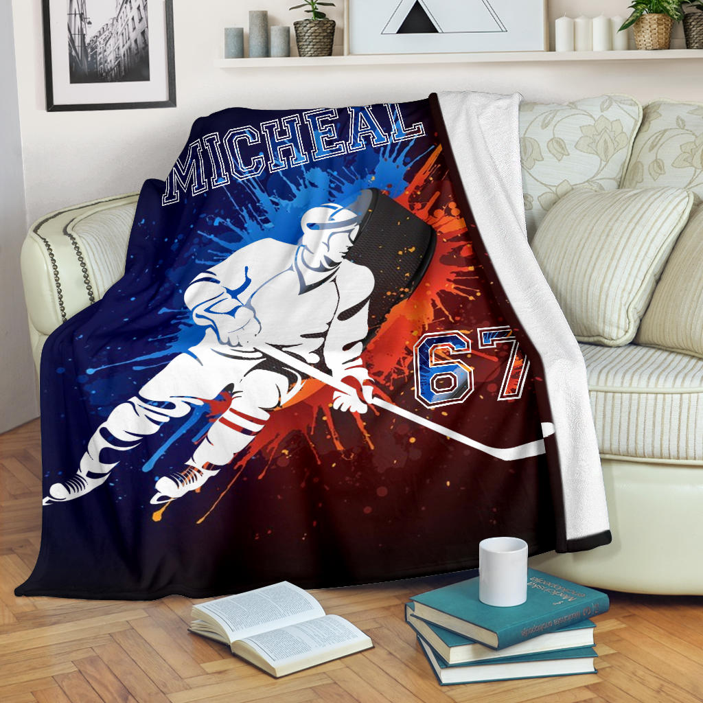Ohaprints-Fleece-Sherpa-Blanket-Red-Blue-Watercolor-Hockey-Teen-Blanket-Hockey-Pleyer-Custom-Personalized-Name-Number-Soft-Throw-Blanket-1686-Fleece Blanket