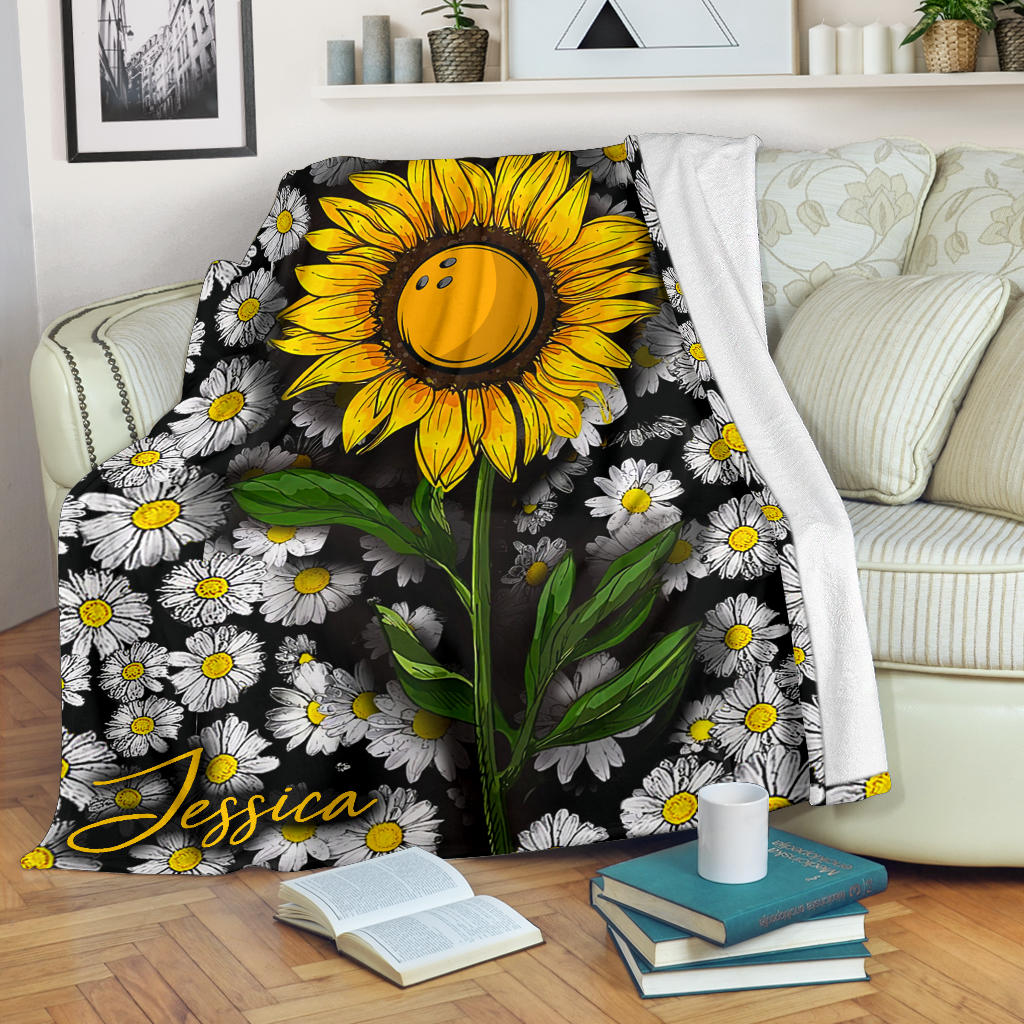 Ohaprints-Fleece-Sherpa-Blanket-Sunflower-Bowling-With-White-Daisy-Bowling-Lover-Gift-Custom-Personalized-Name-Soft-Throw-Blanket-1755-Fleece Blanket