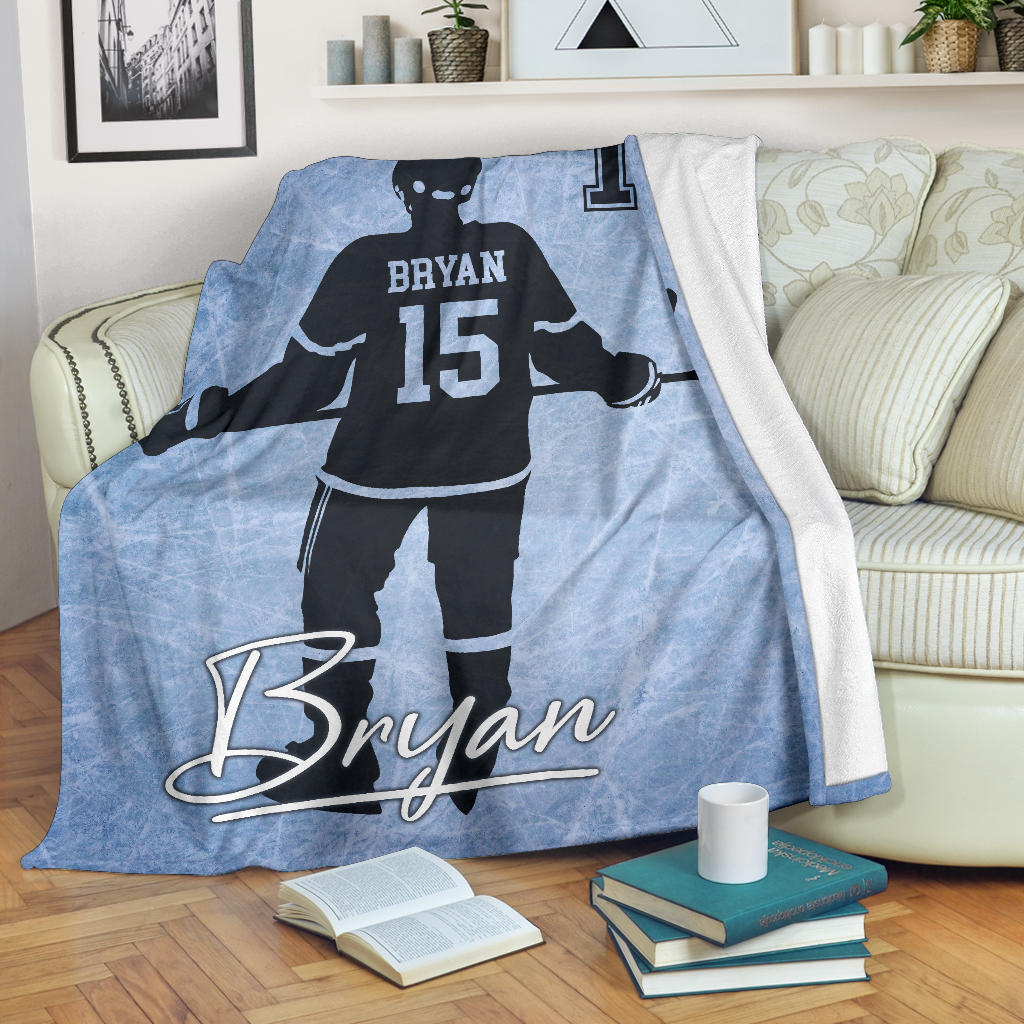 Ohaprints-Fleece-Sherpa-Blanket-Hockey-Player-Blue-Blanket-For-Teen-Boy-Sport-Fan-Custom-Personalized-Name-Number-Soft-Throw-Blanket-1653-Fleece Blanket