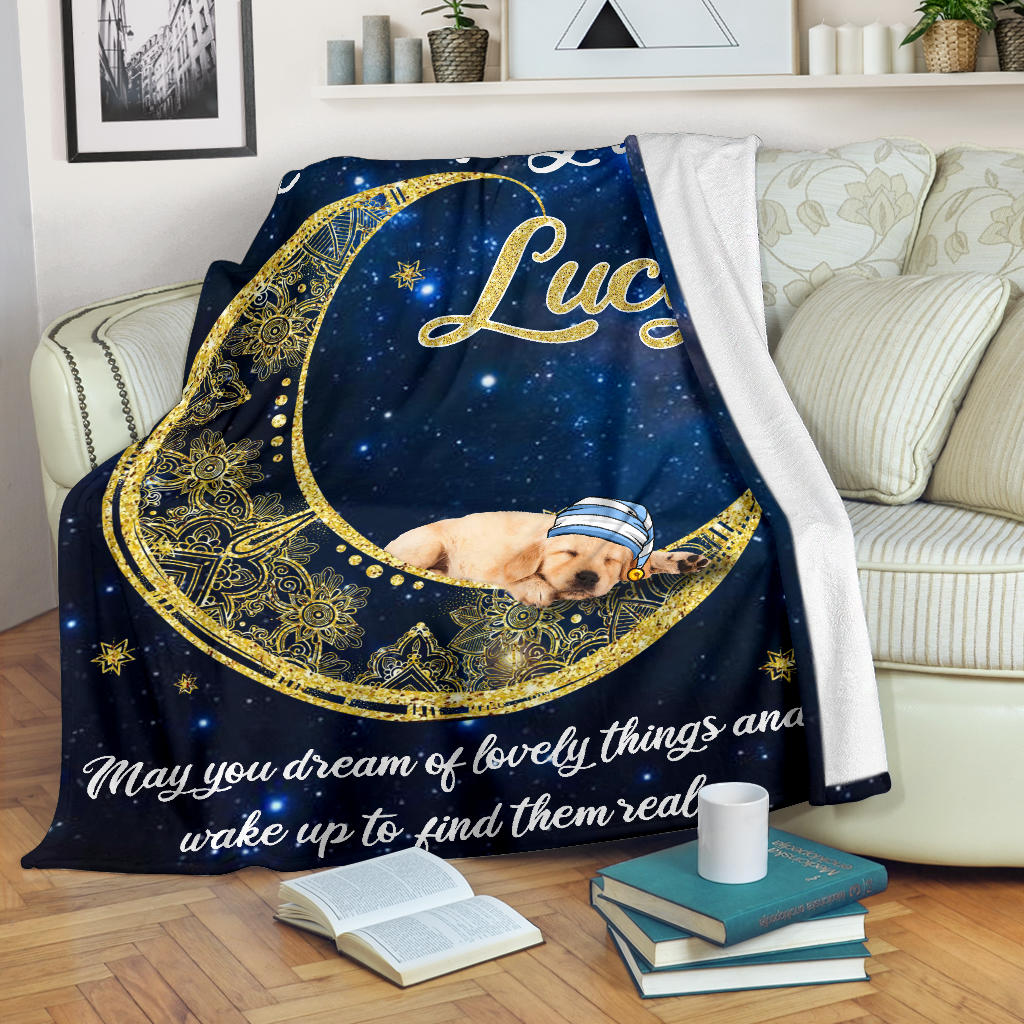 Ohaprints-Fleece-Sherpa-Blanket-Moon-And-Golden-Retriever-Puppy-Dog-Blue-Star-Sky-Soft-Throw-Blanket-1778-Fleece Blanket