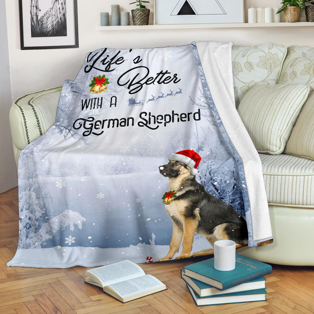 Ohaprints-Fleece-Sherpa-Blanket-Life-Is-Better-With-A-German-Shepherd-Puppy-Dog-Wear-Christmas-Hat-White-Soft-Throw-Blanket-1788-Fleece Blanket