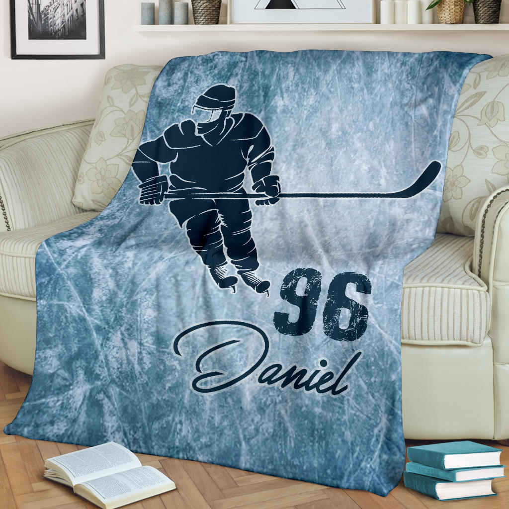 Ohaprints-Fleece-Sherpa-Blanket-Ice-Hockey-Blue-Blanket-Black-Hockey-Player-Custom-Personalized-Name-Number-Soft-Throw-Blanket-1720-Fleece Blanket