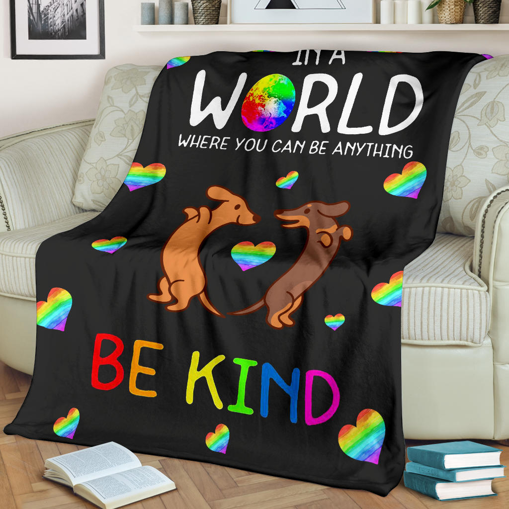 Ohaprints-Fleece-Sherpa-Blanket-Lgbt-Gay-Lesbian-Pride-Be-Kind-Dachshund-Couple-Rainbow-Heart-Black-Background-Soft-Throw-Blanket-1798-Fleece Blanket