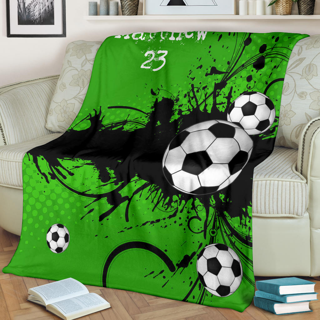 Ohaprints-Fleece-Sherpa-Blanket-Soccer-Green-With-Balls-Custom-Personalized-Name-Number-Soft-Throw-Blanket-1884-Fleece Blanket