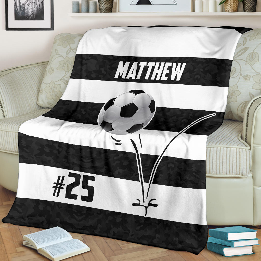 Ohaprints-Fleece-Sherpa-Blanket-Soccer-Ball-Bounce-Black-White-Custom-Personalized-Name-Number-Soft-Throw-Blanket-1255-Fleece Blanket