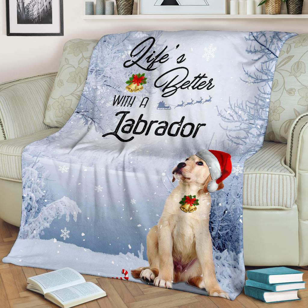 Ohaprints-Fleece-Sherpa-Blanket-Life-Is-Better-With-A-Labrador-Retriever-Puppy-Dog-Wear-Christmas-Hat-White-Soft-Throw-Blanket-1787-Fleece Blanket