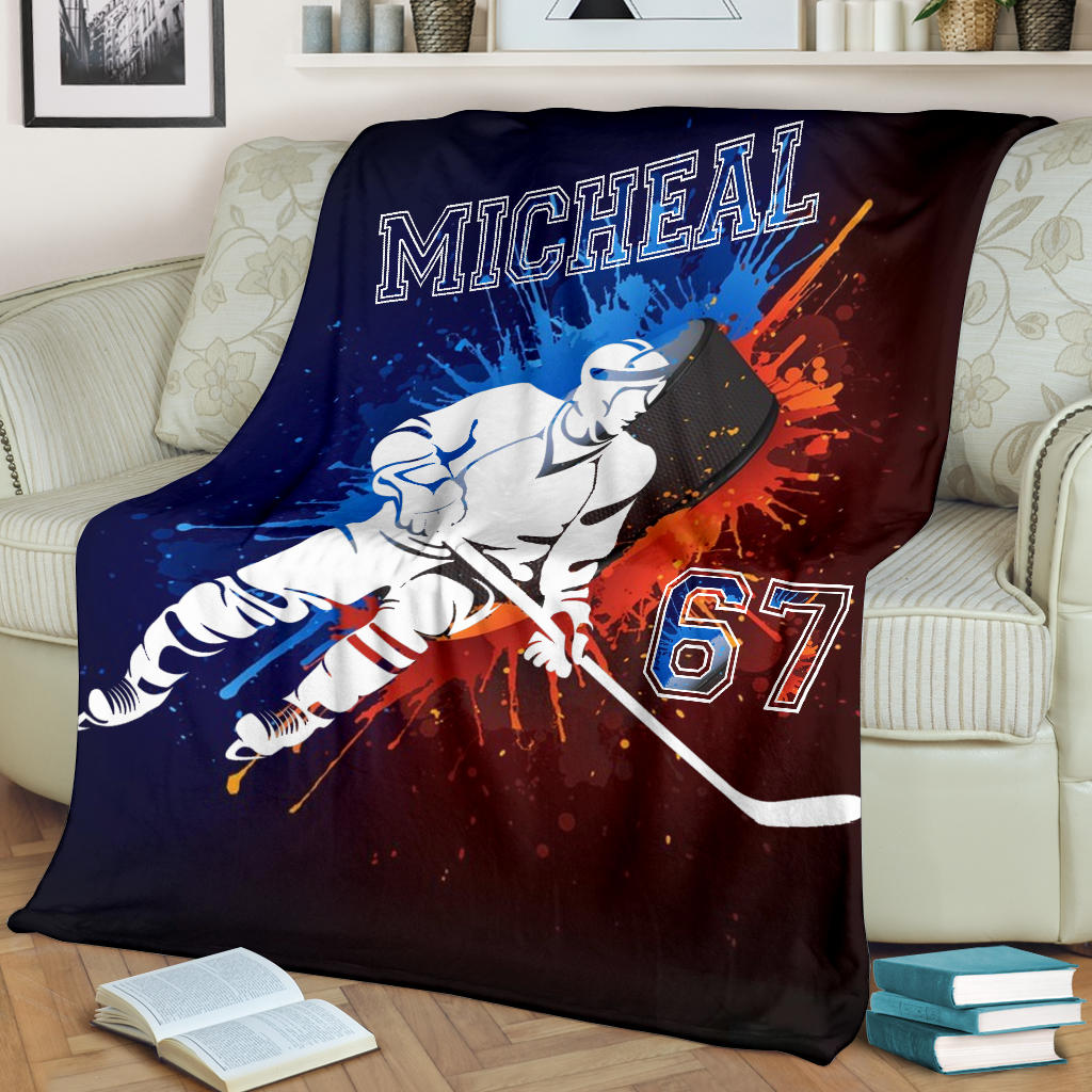 Ohaprints-Fleece-Sherpa-Blanket-Red-Blue-Watercolor-Hockey-Teen-Blanket-Hockey-Pleyer-Custom-Personalized-Name-Number-Soft-Throw-Blanket-1686-Fleece Blanket