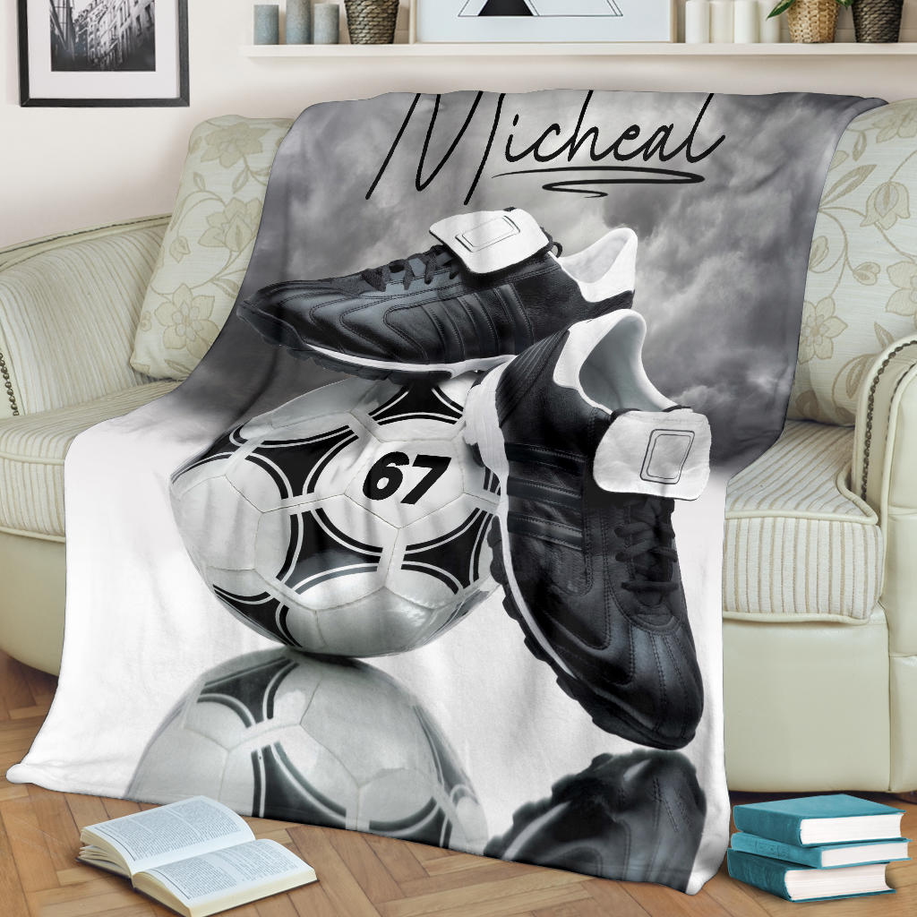 Ohaprints-Fleece-Sherpa-Blanket-Soccer-Shoes-Balls-Grey-Cloud-Custom-Personalized-Name-Number-Soft-Throw-Blanket-1231-Fleece Blanket