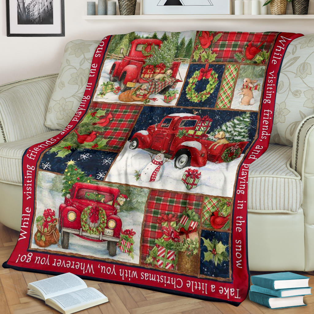 Ohaprints-Fleece-Sherpa-Blanket-Xmas-Red-Truck-And-Animal-Christmas-Vintage-Red-Truck-With-Tree-On-Snow-Soft-Throw-Blanket-1806-Fleece Blanket