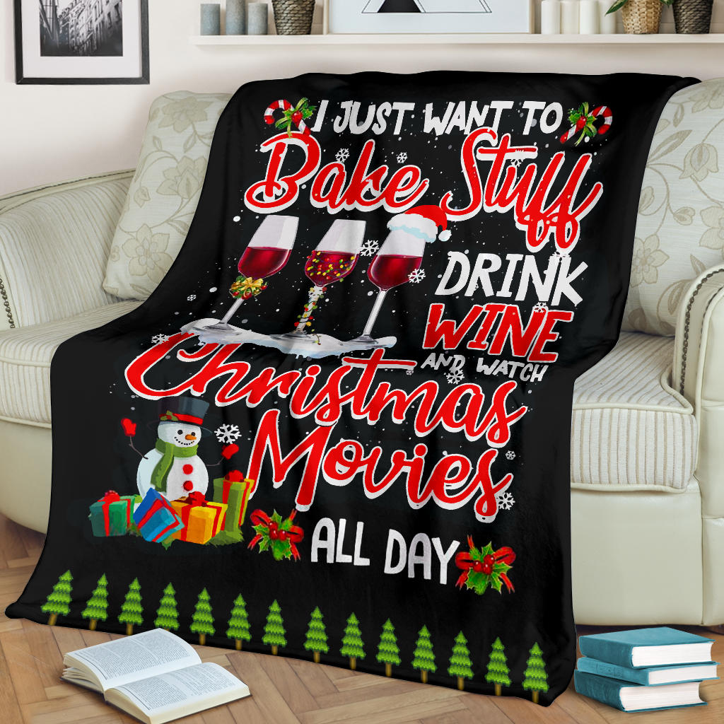 Ohaprints-Fleece-Sherpa-Blanket-I-Just-Want-To-Bake-Stuff-Christmas-Wine-And-Snowman-Black-Soft-Throw-Blanket-1768-Fleece Blanket