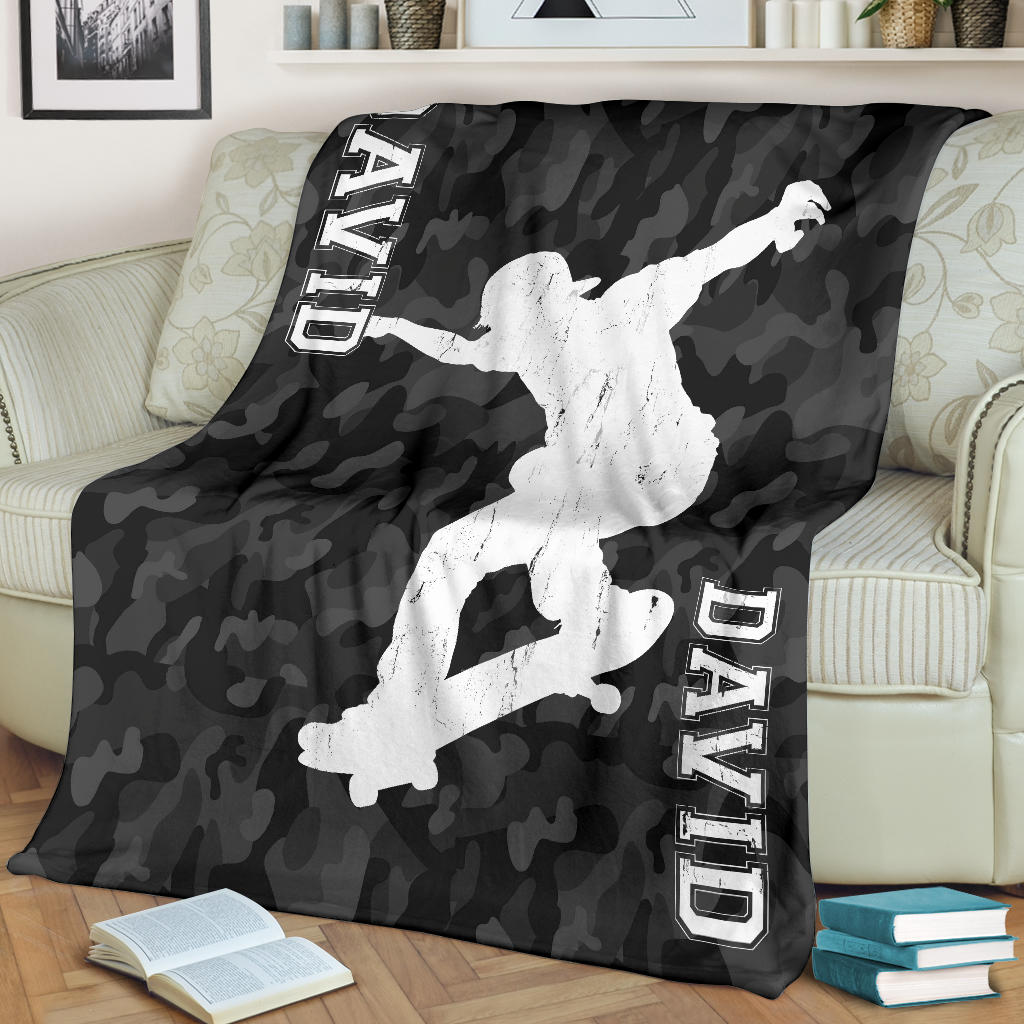 Ohaprints-Fleece-Sherpa-Blanket-Black-Camo-Pattern-Skateboarding-Boy-Custom-Personalized-Name-Soft-Throw-Blanket-1925-Fleece Blanket