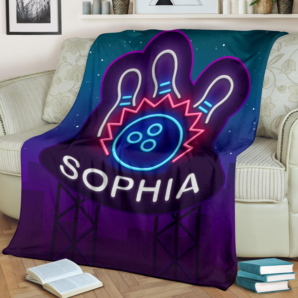 Ohaprints-Fleece-Sherpa-Blanket-Bowling-Neon-Custom-Personalized-Name-Soft-Throw-Blanket-1422-Fleece Blanket