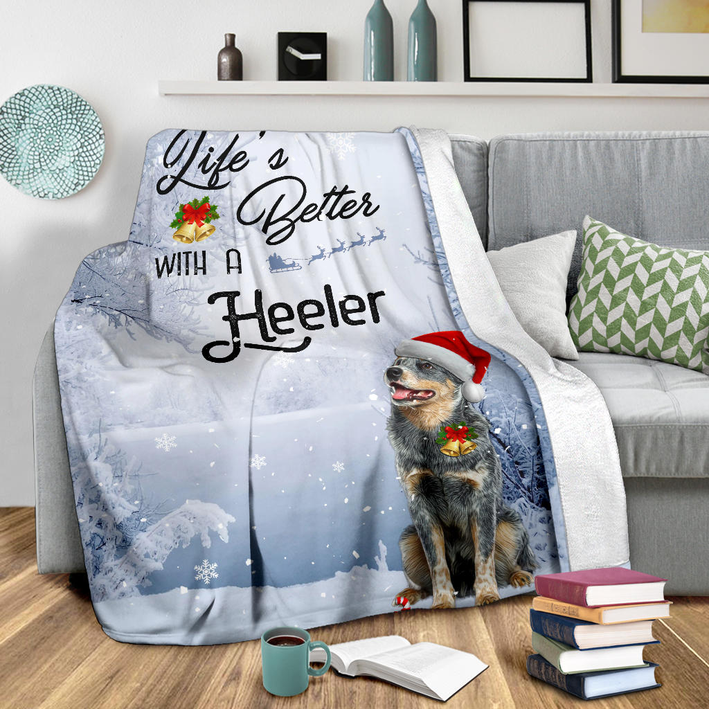 Ohaprints-Fleece-Sherpa-Blanket-Life-Is-Better-With-A-Heeler-Puppy-Dog-Wear-Christmas-Hat-White-Soft-Throw-Blanket-1789-Sherpa Blanket