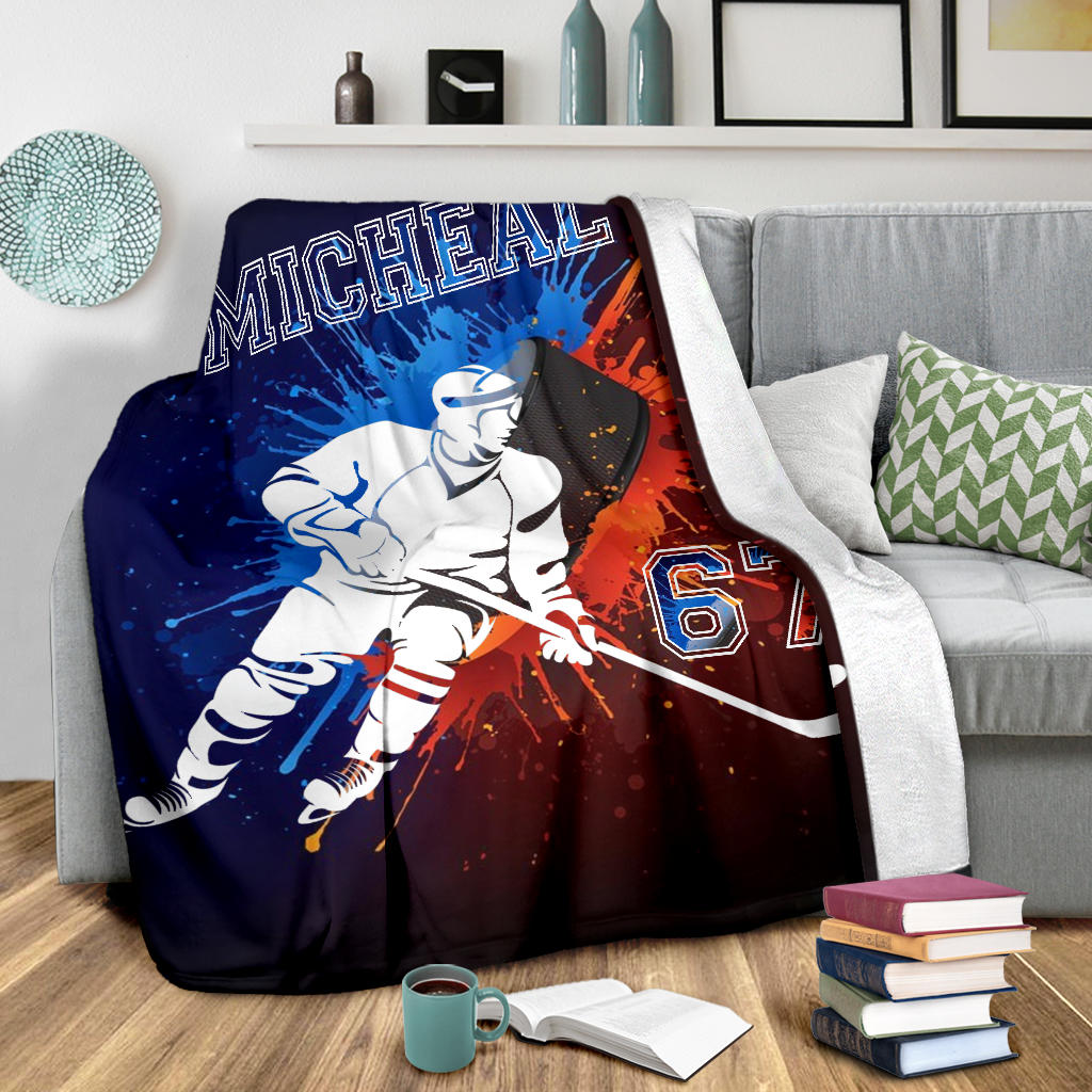 Ohaprints-Fleece-Sherpa-Blanket-Red-Blue-Watercolor-Hockey-Teen-Blanket-Hockey-Pleyer-Custom-Personalized-Name-Number-Soft-Throw-Blanket-1686-Sherpa Blanket