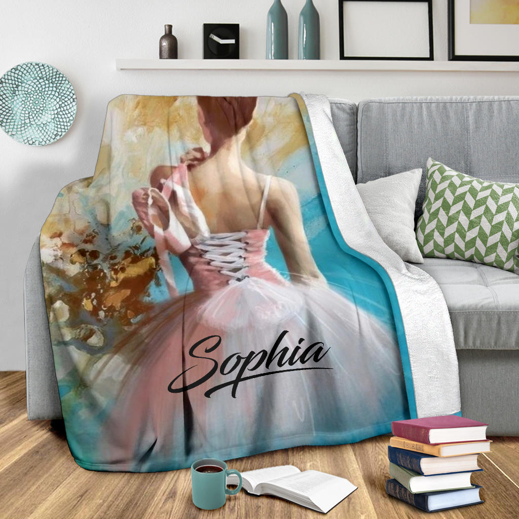 Ohaprints-Fleece-Sherpa-Blanket-Watercolor-Ballet-Girl-Pink-Dress-Blue-And-Yellow-Custom-Personalized-Name-Soft-Throw-Blanket-1257-Sherpa Blanket