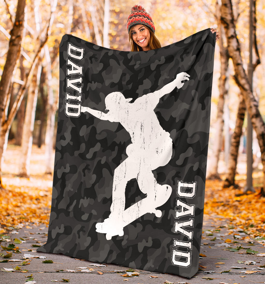 Ohaprints-Fleece-Sherpa-Blanket-Black-Camo-Pattern-Skateboarding-Boy-Custom-Personalized-Name-Soft-Throw-Blanket-1925-Sherpa Blanket