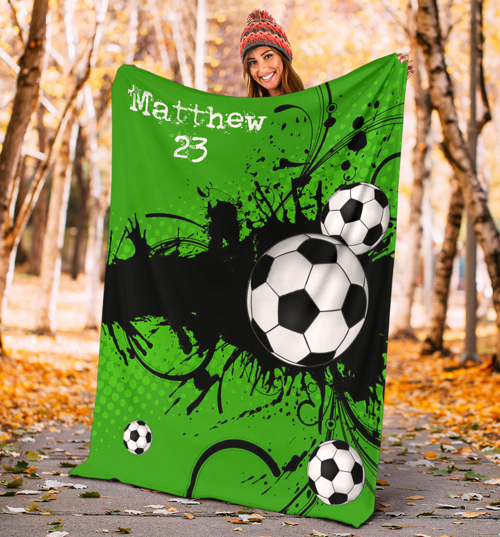 Ohaprints-Fleece-Sherpa-Blanket-Soccer-Green-With-Balls-Custom-Personalized-Name-Number-Soft-Throw-Blanket-1884-Sherpa Blanket