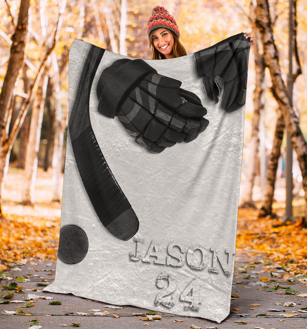 Ohaprints-Fleece-Sherpa-Blanket-White-Hockey-Teen-Fan-Blanket-With-Hockey-Equipment-Custom-Personalized-Name-Number-Soft-Throw-Blanket-1658-Sherpa Blanket
