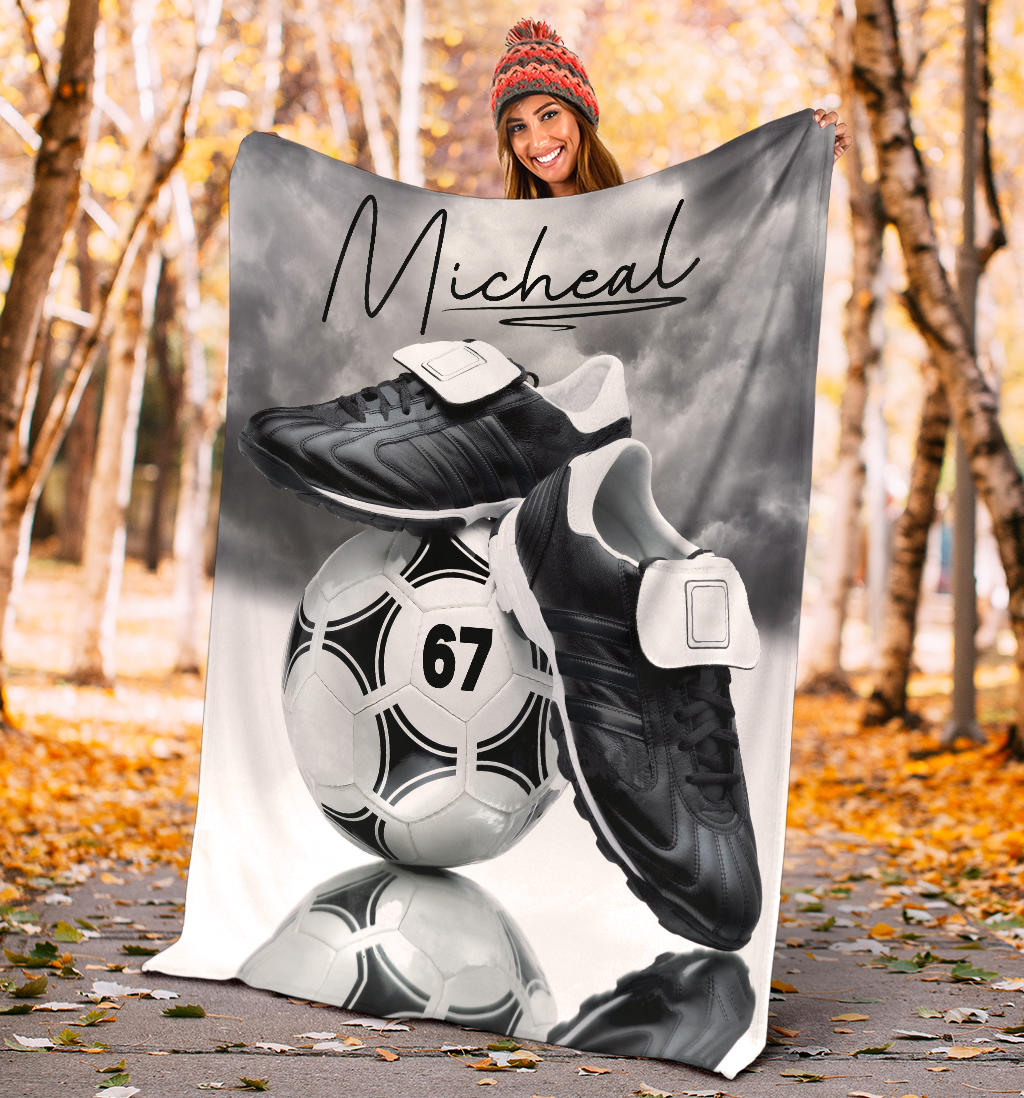 Ohaprints-Fleece-Sherpa-Blanket-Soccer-Shoes-Balls-Grey-Cloud-Custom-Personalized-Name-Number-Soft-Throw-Blanket-1231-Sherpa Blanket