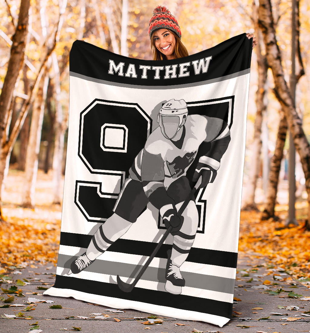 Ohaprints-Fleece-Sherpa-Blanket-Black-White-Hockey-Player-Blanket-Hockey-Boy-Lover-Custom-Personalized-Name-Number-Soft-Throw-Blanket-1647-Sherpa Blanket