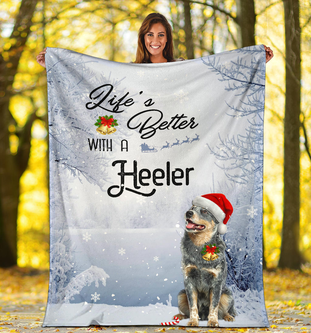 Ohaprints-Fleece-Sherpa-Blanket-Life-Is-Better-With-A-Heeler-Puppy-Dog-Wear-Christmas-Hat-White-Soft-Throw-Blanket-1789-Sherpa Blanket