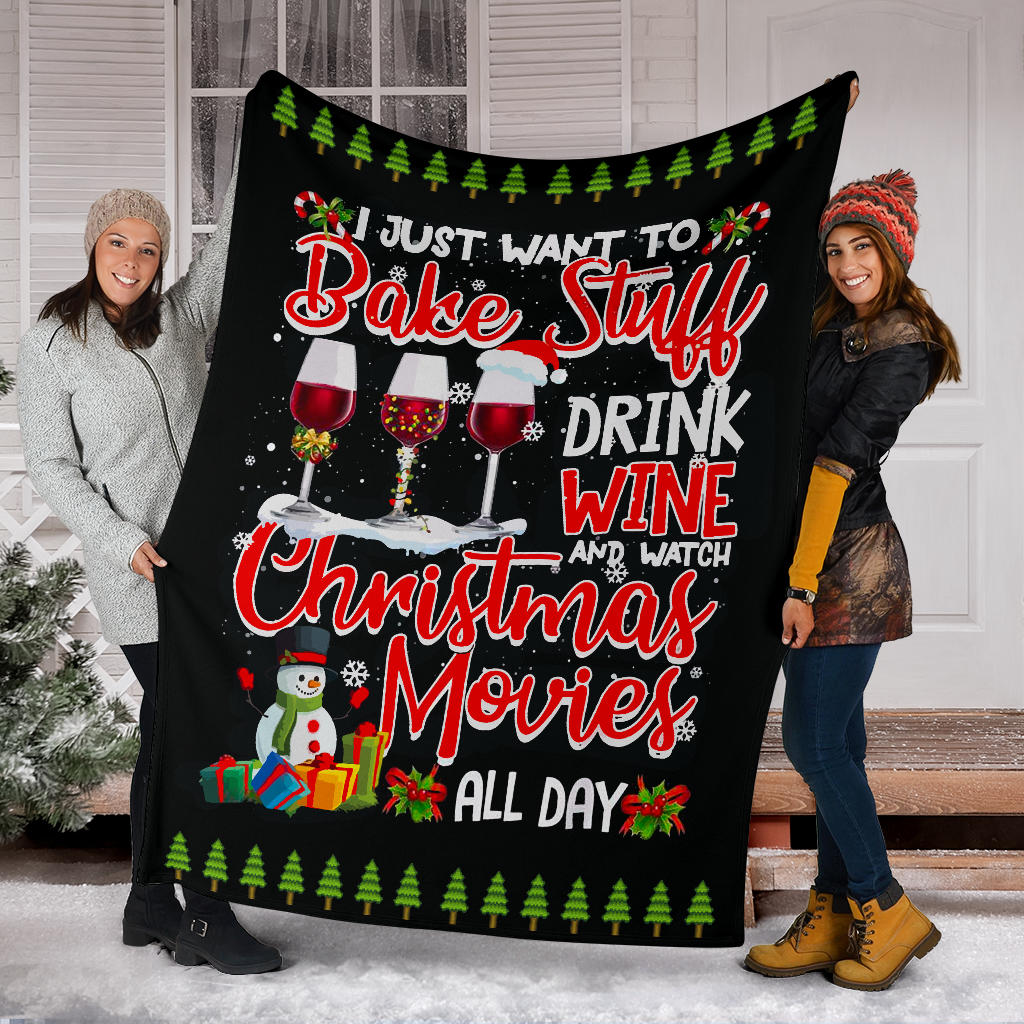 Ohaprints-Fleece-Sherpa-Blanket-I-Just-Want-To-Bake-Stuff-Christmas-Wine-And-Snowman-Black-Soft-Throw-Blanket-1768-Fleece Blanket