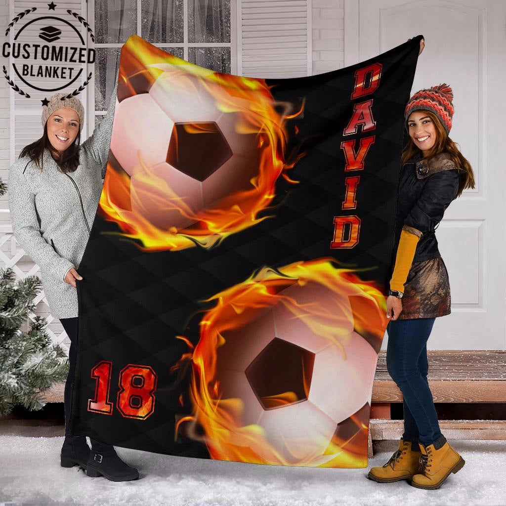 Ohaprints-Fleece-Sherpa-Blanket-Soccer-Black-Balls-Fire-Custom-Personalized-Name-Number-Soft-Throw-Blanket-1208-Fleece Blanket