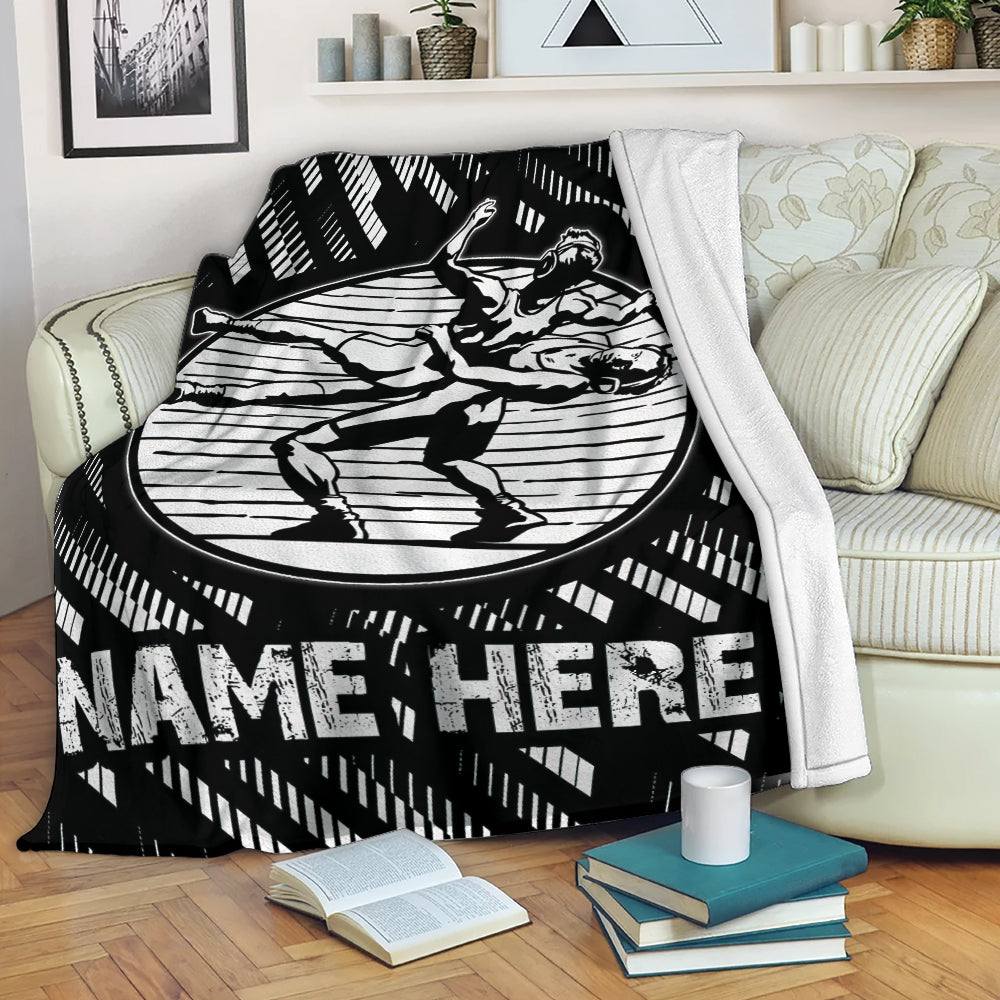 Ohaprints-Fleece-Sherpa-Blanket-Abstract-Pattern-Wrestling-Lover-Wrestler-Black-White-Custom-Personalized-Name-Soft-Throw-Blanket-1834-Fleece Blanket